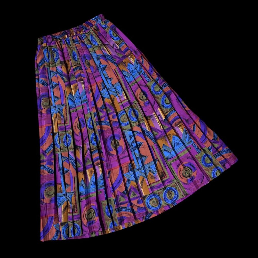 Vintage Pleated Skirt Purple Orange Abstract Geometric 1980s USA Size 6 Retro